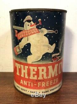 Vintage Thermo Anti Freeze Full Qt Gas Service Station Snowman Oil Tin Can 40s