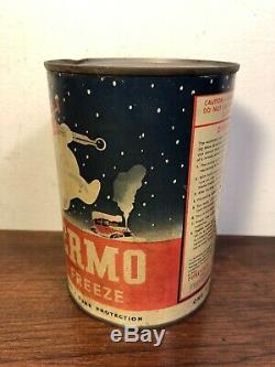 Vintage Thermo Anti Freeze Full Qt Gas Service Station Snowman Oil Tin Can 40s
