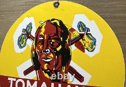 Vintage Tomahawk Beer Porcelain Sign Gas Station Pump Motor Oil Service Brewery