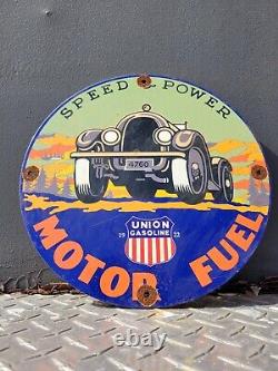 Vintage Union Gasoline Porcelain Sign Motor Oil Gas Station Service Pump Speed