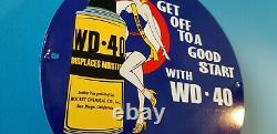 Vintage Wd 40 Porcelain Gas Oil Lube Pin Up Girl Service Station Pump Plate Sign
