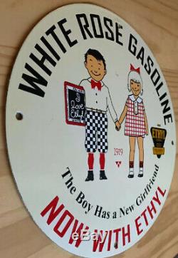 Vintage White Rose Gasoline Porcelain Sign Gas Oil Pump Plate Service Station Nr