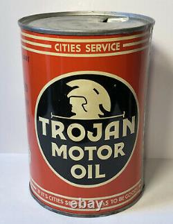 Vtg 1940s Cities Service Trojan Motor Oil 1 Quart Oil Can Tin Gas & Oil Station