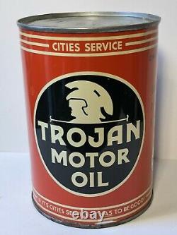 Vtg 1940s Cities Service Trojan Motor Oil 1 Quart Oil Can Tin Gas & Oil Station