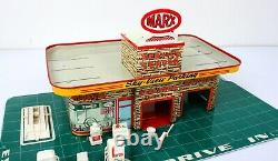 Vtg 50s Marx Tin Litho Sky-View Parking Service Center Gas Station w Accessories