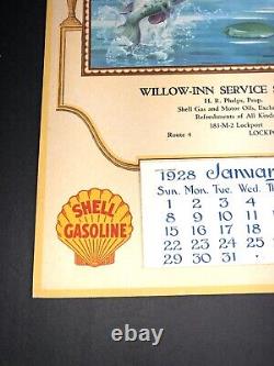 1928 Shell Oil Gas Calendrier Sign Service Station Lockport Illinois Fishing Art
