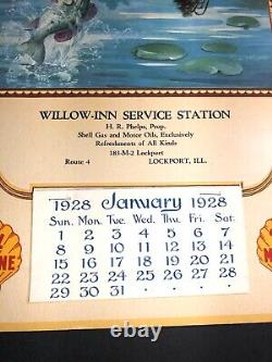 1928 Shell Oil Gas Calendrier Sign Service Station Lockport Illinois Fishing Art