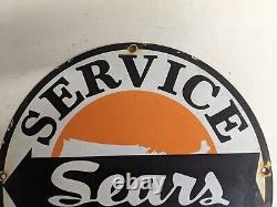 Ancien panneau publicitaire en métal de la station-service Sears Vintage en porcelaine