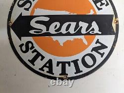 Ancien panneau publicitaire en métal de la station-service Sears Vintage en porcelaine