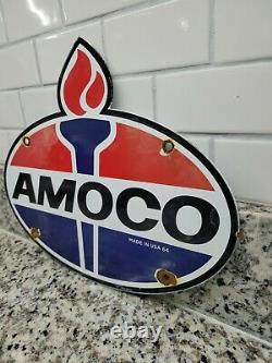 Ancienne Enseigne De Porcelaine Amoco 1964 Torche American Oil Gas Station Service Garage