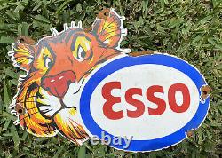 Ancienne Esso Esso Essence Porcelaine Sign Metal Oil Gas Pump Station Tiger Service