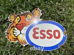 Ancienne Esso Esso Essence Porcelaine Sign Metal Oil Gas Pump Station Tiger Service