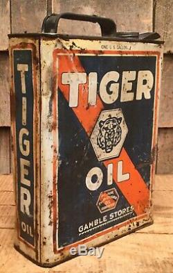 Early Vintage 1 Gal Tiger D'huile Moteur Tin Can Service Station Gaz Frais Graphic