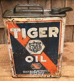 Early Vintage 1 Gal Tiger D'huile Moteur Tin Can Service Station Gaz Frais Graphic