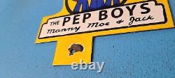 Enseigne de toit publicitaire en porcelaine vintage de la station-service Pep Boys avec licence Manny Moe Gaz