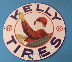 Enseigne vintage en porcelaine de station-service Kelly Tires pour concessionnaire d'essence auto et pompe