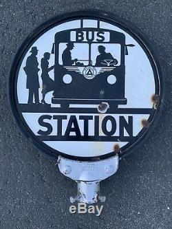 La Fonction Publique De La Gare Routière Porcelain Sign Gas Oil Voyage Vintage Transport