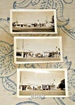 Lot vintage de 3 vraies photos de l'ouverture de la station-service de Lodi Cal avec des pompes à essence en 1939
