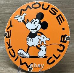 Panneau en porcelaine du Club Mickey Mouse vintage pour la station-service de la pompe à essence et le service d'huile moteur.