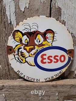Plaque de pompe à essence vintage en porcelaine Esso, station-service, service d'huile, tigre, 6 pompes, lubrifiant, États-Unis.
