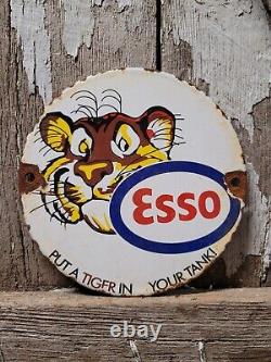 Plaque de pompe à essence vintage en porcelaine Esso, station-service, service d'huile, tigre, 6 pompes, lubrifiant, États-Unis.