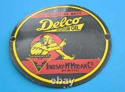 Plaque de pompe de station-service en porcelaine de Vintage Delco Motor Oil Signe Mccmillan