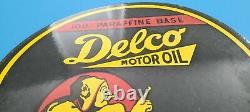 Plaque de pompe de station-service en porcelaine de Vintage Delco Motor Oil Signe Mccmillan