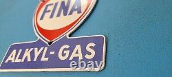 Plaque de pompe de station-service en porcelaine de Vintage Fina Gasoline Alkyl Gas.