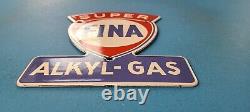 Plaque de pompe de station-service en porcelaine de Vintage Fina Gasoline Alkyl Gas.
