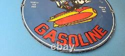 Plaque de station-service en porcelaine avec dessin animé de pompe à essence vintage Rocket Gasoline
