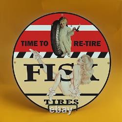 Plaque de station-service vintage en porcelaine pour pompe à essence Fisk Tires Gasoline