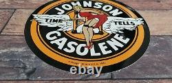 Plaque publicitaire en porcelaine pour pompe à essence de station-service Johnson Gasoline vintage