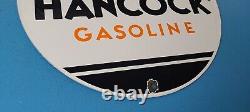 Plaque vintage en porcelaine de la station-service Hancock Gasoline pour pompe à essence - Signalisation d'huile moteur.