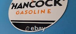 Plaque vintage en porcelaine de la station-service Hancock Gasoline pour pompe à essence - Signalisation d'huile moteur.