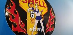 Service Vintage Shell Essence Porcelaine Station Pin Up Girl Flames Sign
