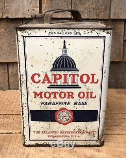Vintage 2 Gallon Atlantic Service Capitol Motor Oil Station Tin Can Sign