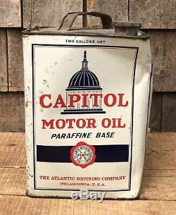 Vintage 2 Gallon Atlantic Service Capitol Motor Oil Station Tin Can Sign