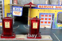 Vintage 40s 50s Keystone Car Playset Jouet Station De Service D'essence Arrêt De Bus Lavage De Voiture