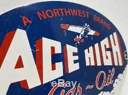 Vintage Ace High Gas & Oil Porcelaine Signe Essence Station Service Plate Pompe