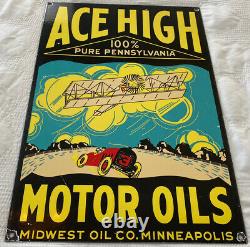 Vintage Ace High Motor Oil Porcelaine Signe Station À Essence Plaque De Pompe Service Lube