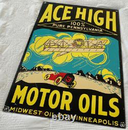 Vintage Ace High Motor Oil Porcelaine Signe Station À Essence Plaque De Pompe Service Lube