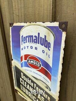 Vintage Amoco Porcelaine Signe Huile De Moteur Permalube Carburant Garage Service Station Essence