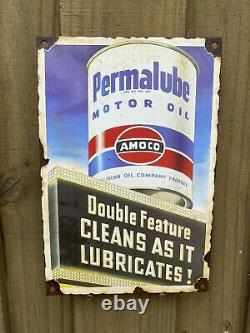 Vintage Amoco Porcelaine Signe Huile De Moteur Permalube Carburant Garage Service Station Essence