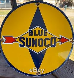 Vintage Bleu Sunoco Porcelaine Signe Gaz Huile Moteur Metal Service Station Essence