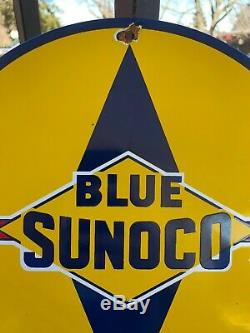 Vintage Bleu Sunoco Porcelaine Signe Gaz Huile Moteur Metal Service Station Essence