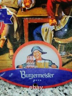 Vintage Burgermeister Bière Porcelaine Signe Pub Bar Drink Gas Station Oil Service
