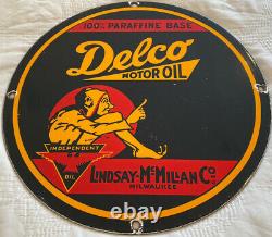 Vintage Delco Motor Oil Porcelaine Enseigne Station De Service Gaz Independent Mcmillan