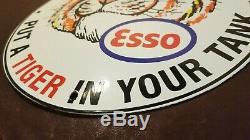 Vintage Esso Essence Porcelaine Tiger Station-service Du Réservoir De Pompe À Gaz Plaque Signe