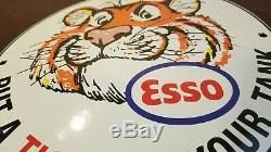 Vintage Esso Essence Porcelaine Tiger Station-service Du Réservoir De Pompe À Gaz Plaque Signe
