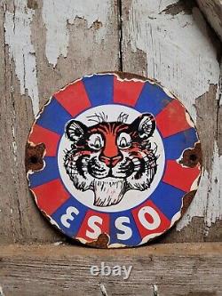 Vintage Esso Porcelaine Sign Gas Station Oil Service Tigre Dans Votre Réservoir 6 Pompe